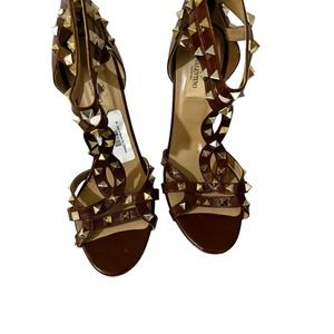 Valentino Garavani Brown Twist Strap Studded Leather Heels Size 39